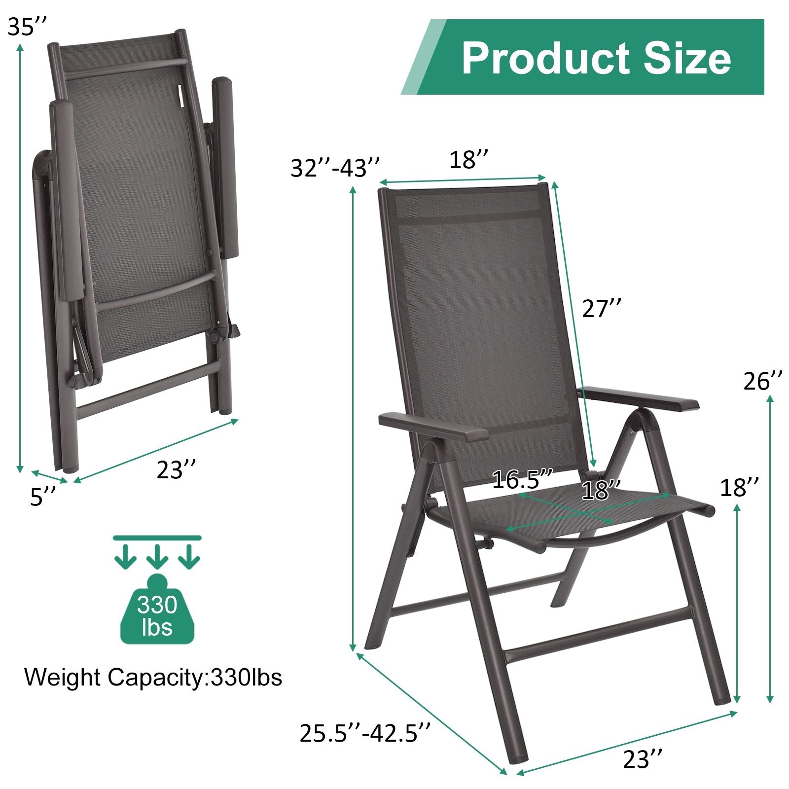 2 Pieces Patio Folding Dining Chairs Aluminium Adjustable Back, Gray Patio Dining Chairs   at Gallery Canada