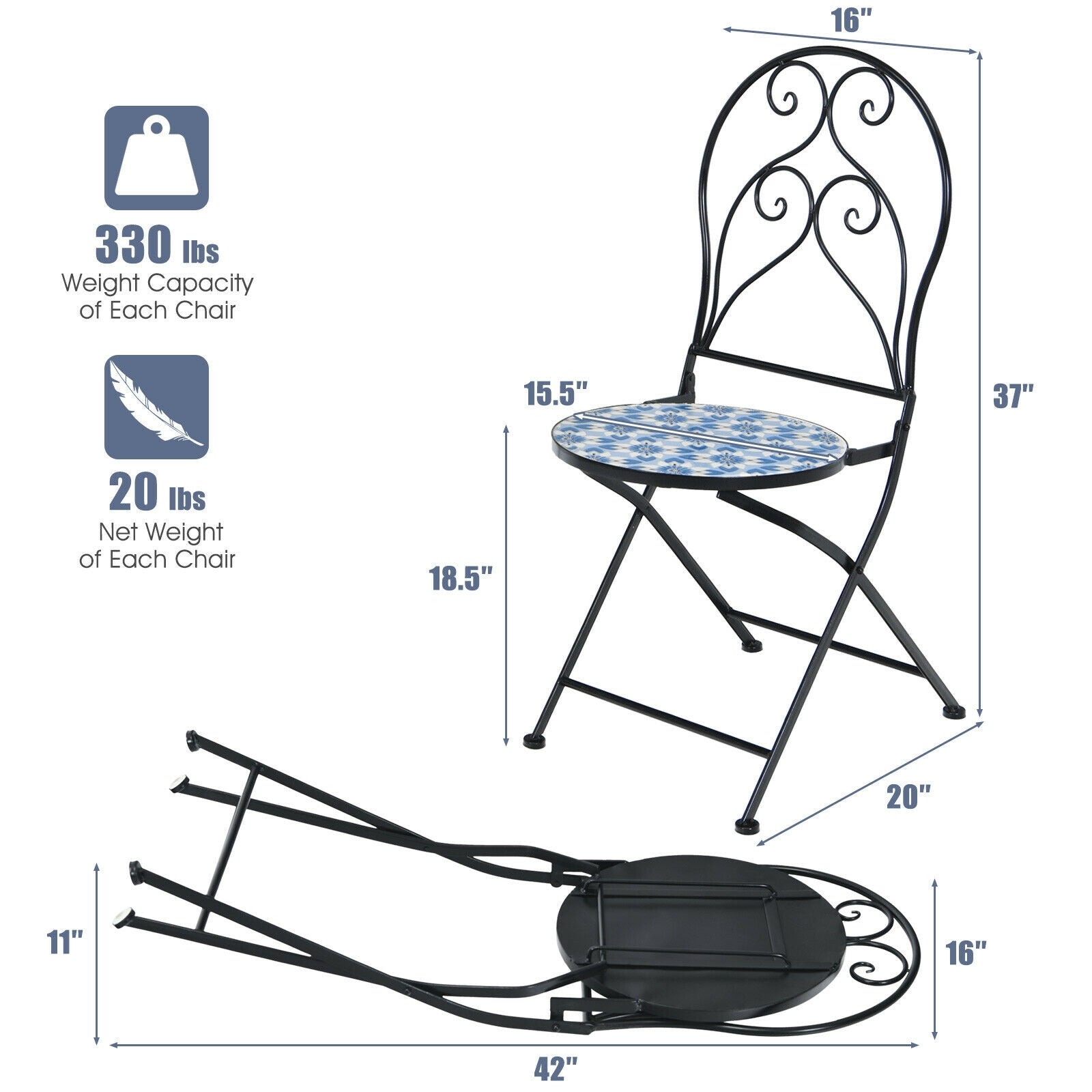 2 Pieces Patio Folding Mosaic Bistro Chairs with Blue Floral Pattern, Black Patio Dining Chairs   at Gallery Canada