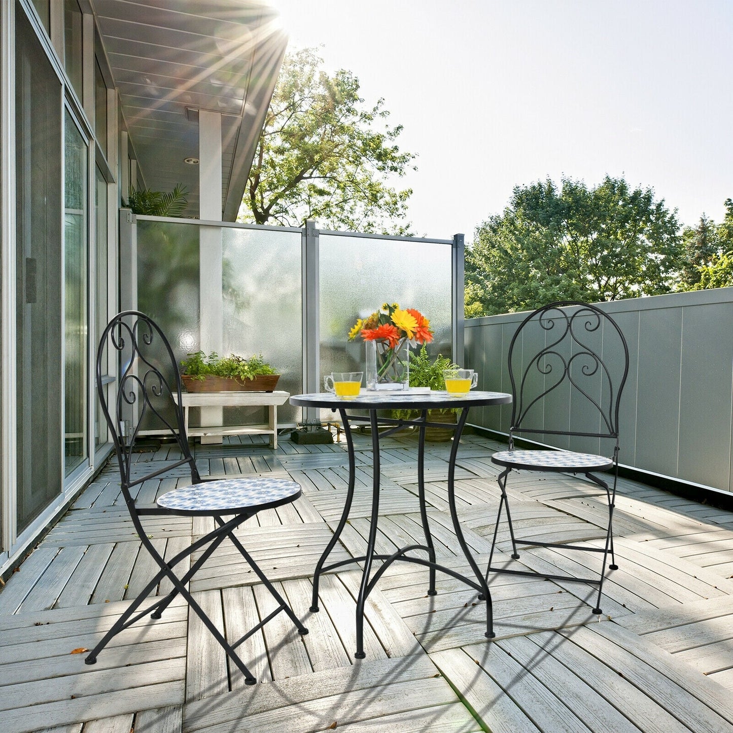 2 Pieces Patio Folding Mosaic Bistro Chairs with Blue Floral Pattern, Black Patio Dining Chairs   at Gallery Canada