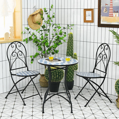 2 Pieces Patio Folding Mosaic Bistro Chairs with Blue Floral Pattern, Black Patio Dining Chairs   at Gallery Canada