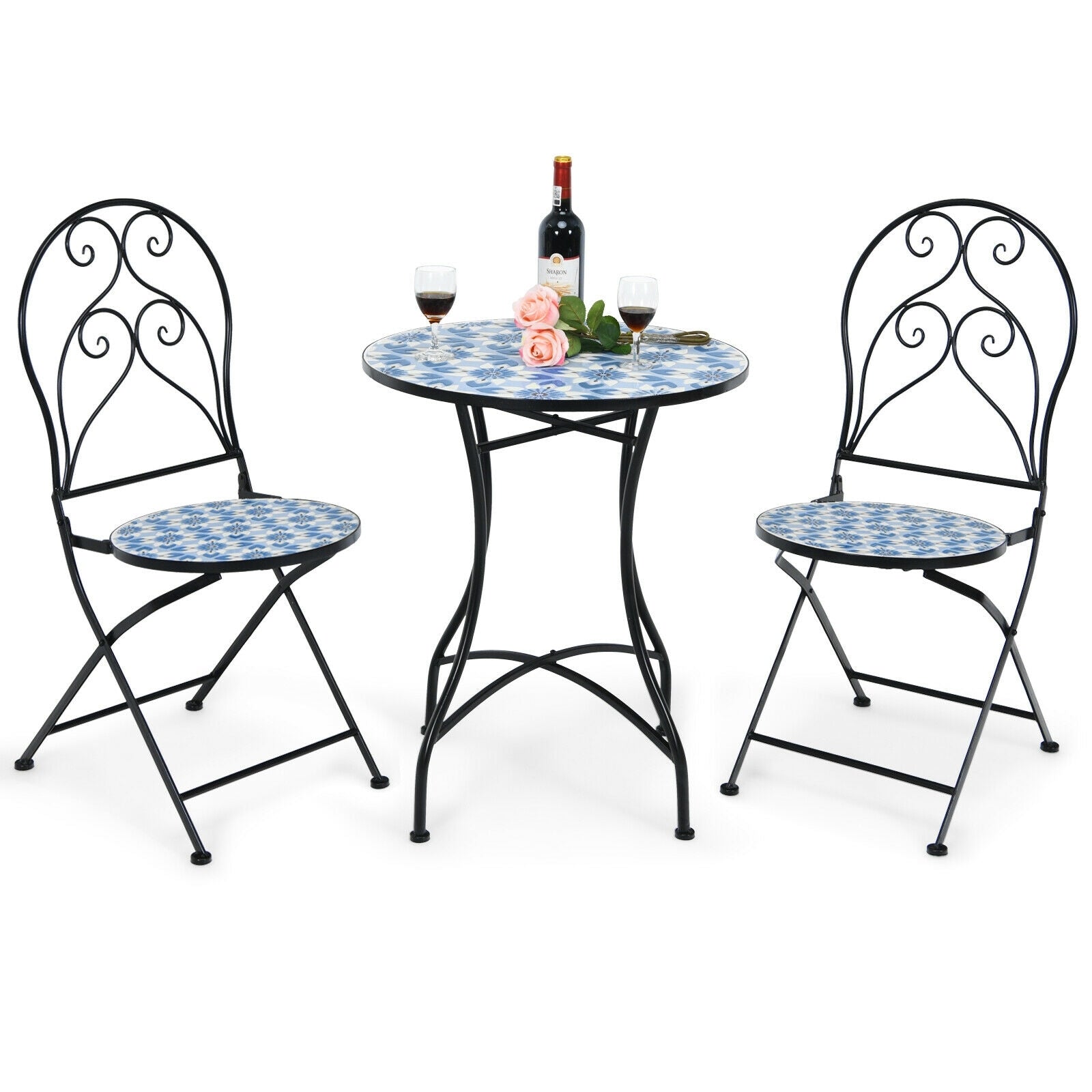 2 Pieces Patio Folding Mosaic Bistro Chairs with Blue Floral Pattern, Black Patio Dining Chairs   at Gallery Canada