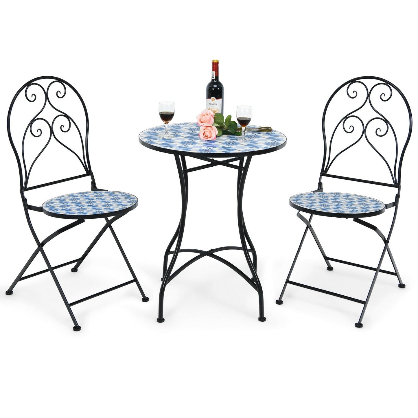 2 Pieces Patio Folding Mosaic Bistro Chairs with Blue Floral Pattern, Black Patio Dining Chairs   at Gallery Canada