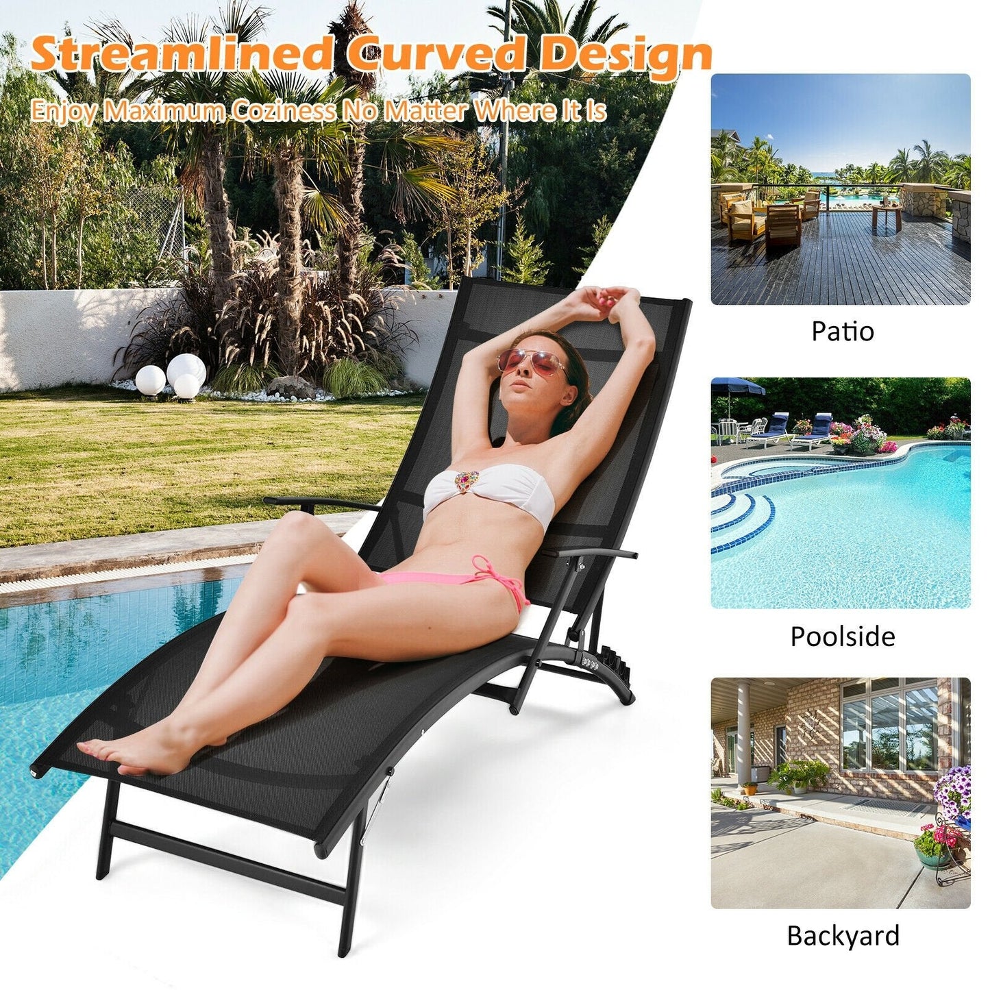 2 Pieces Patio Folding Stackable Lounge Chair Chaise with Armrest, Black Outdoor Chaise Lounges   at Gallery Canada