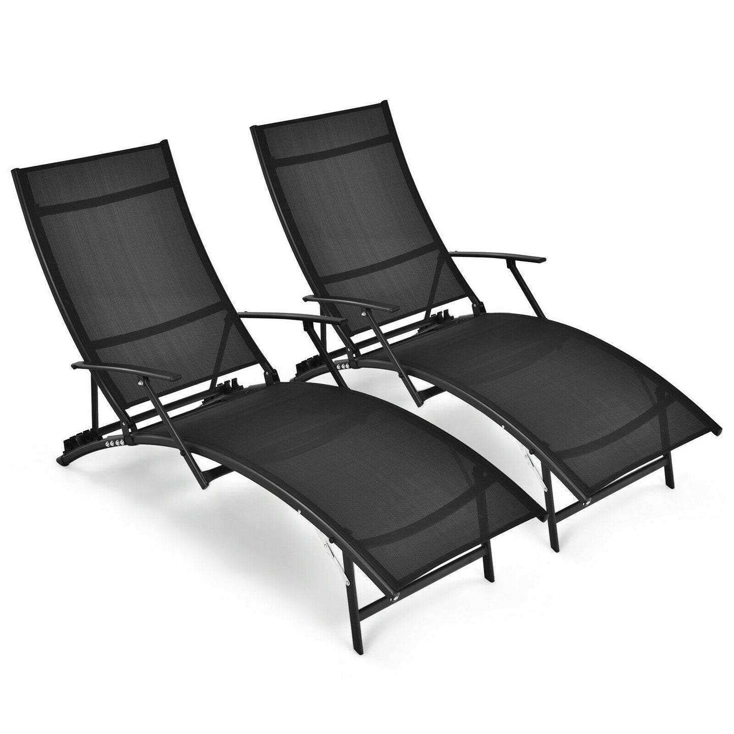 2 Pieces Patio Folding Stackable Lounge Chair Chaise with Armrest, Black Outdoor Chaise Lounges   at Gallery Canada