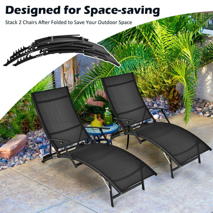 2 Pieces Patio Folding Stackable Lounge Chair Chaise with Armrest, Black Outdoor Chaise Lounges   at Gallery Canada