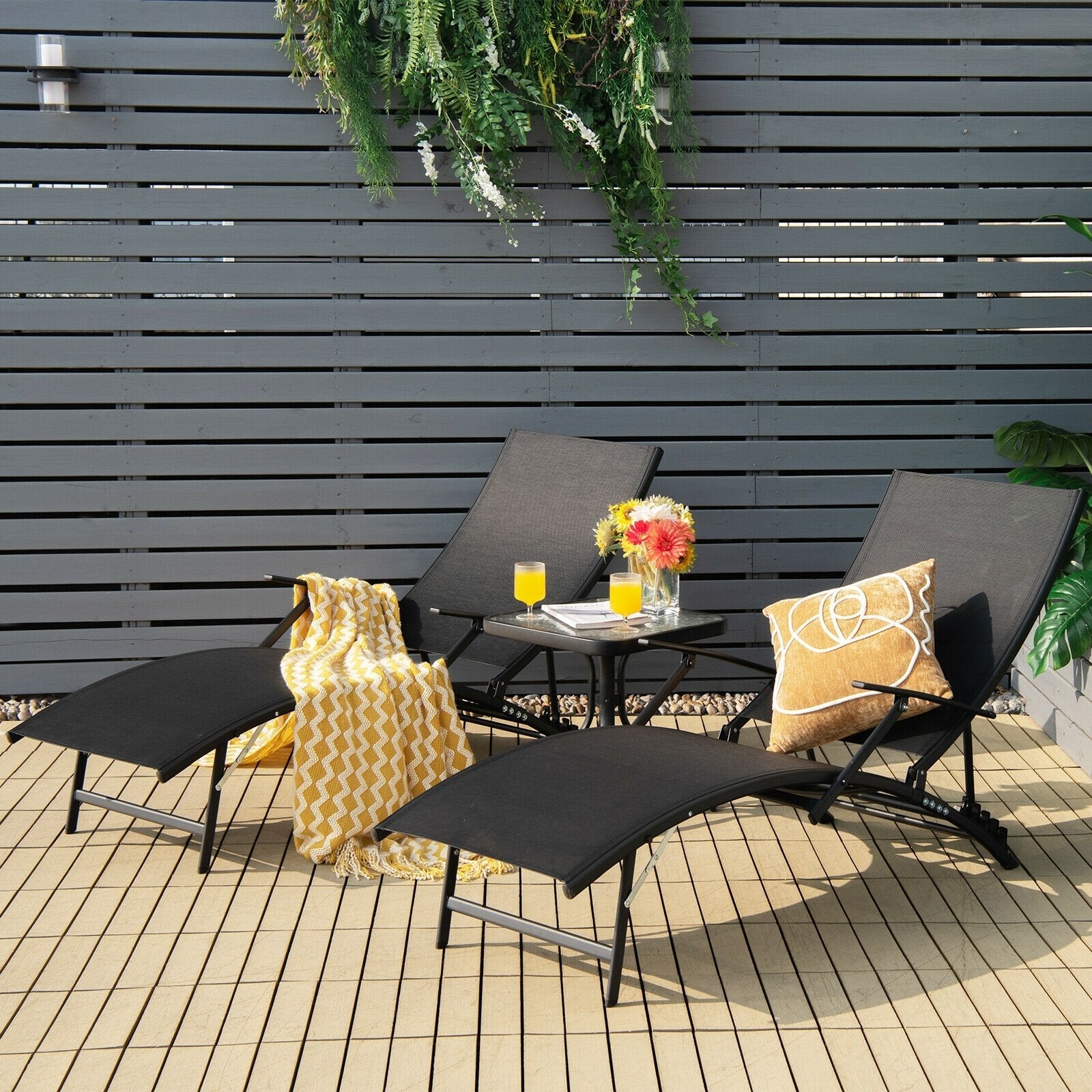 2 Pieces Patio Folding Stackable Lounge Chair Chaise with Armrest, Black Outdoor Chaise Lounges   at Gallery Canada