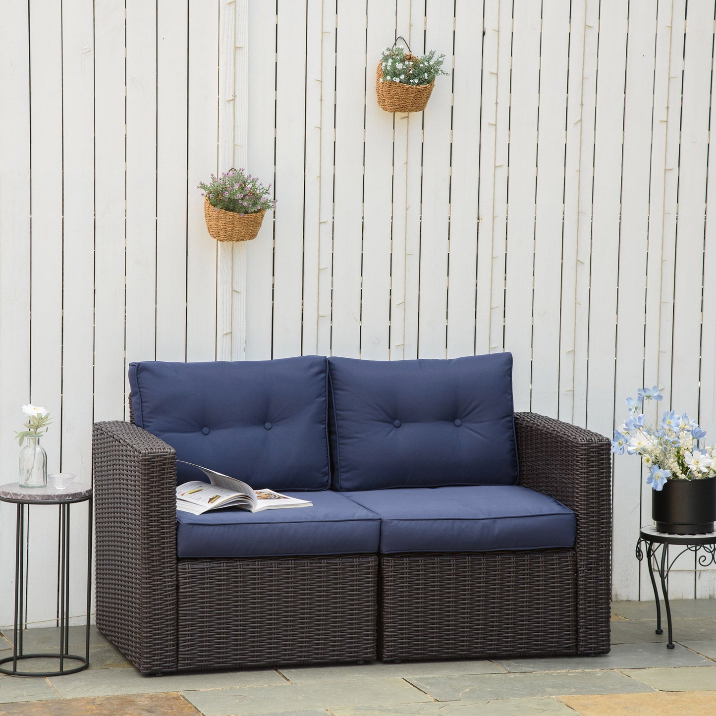 Outdoor Wicker Loveseat Corner Sofa Set with Cushions, Curved Armrests, Dark Blue Patio Furniture Sets   at Gallery Canada