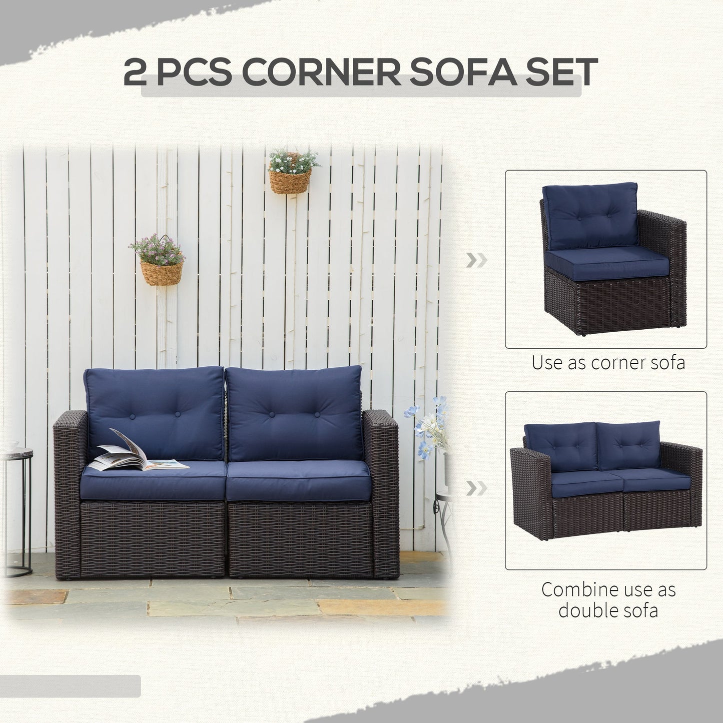 Outdoor Wicker Loveseat Corner Sofa Set with Cushions, Curved Armrests, Dark Blue Patio Furniture Sets   at Gallery Canada