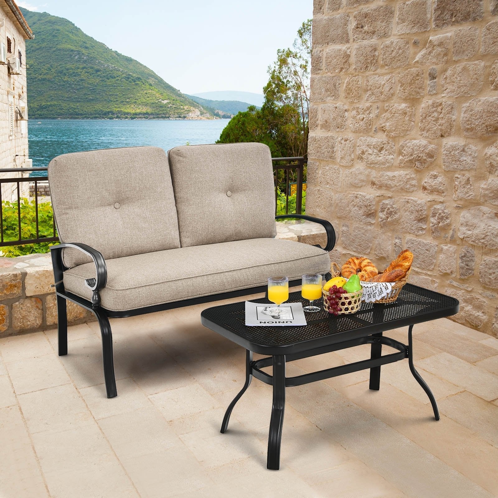 2 Pieces Patio Loveseat Bench Table Furniture Set with Cushioned Chair, Beige Patio Conversation Sets   at Gallery Canada