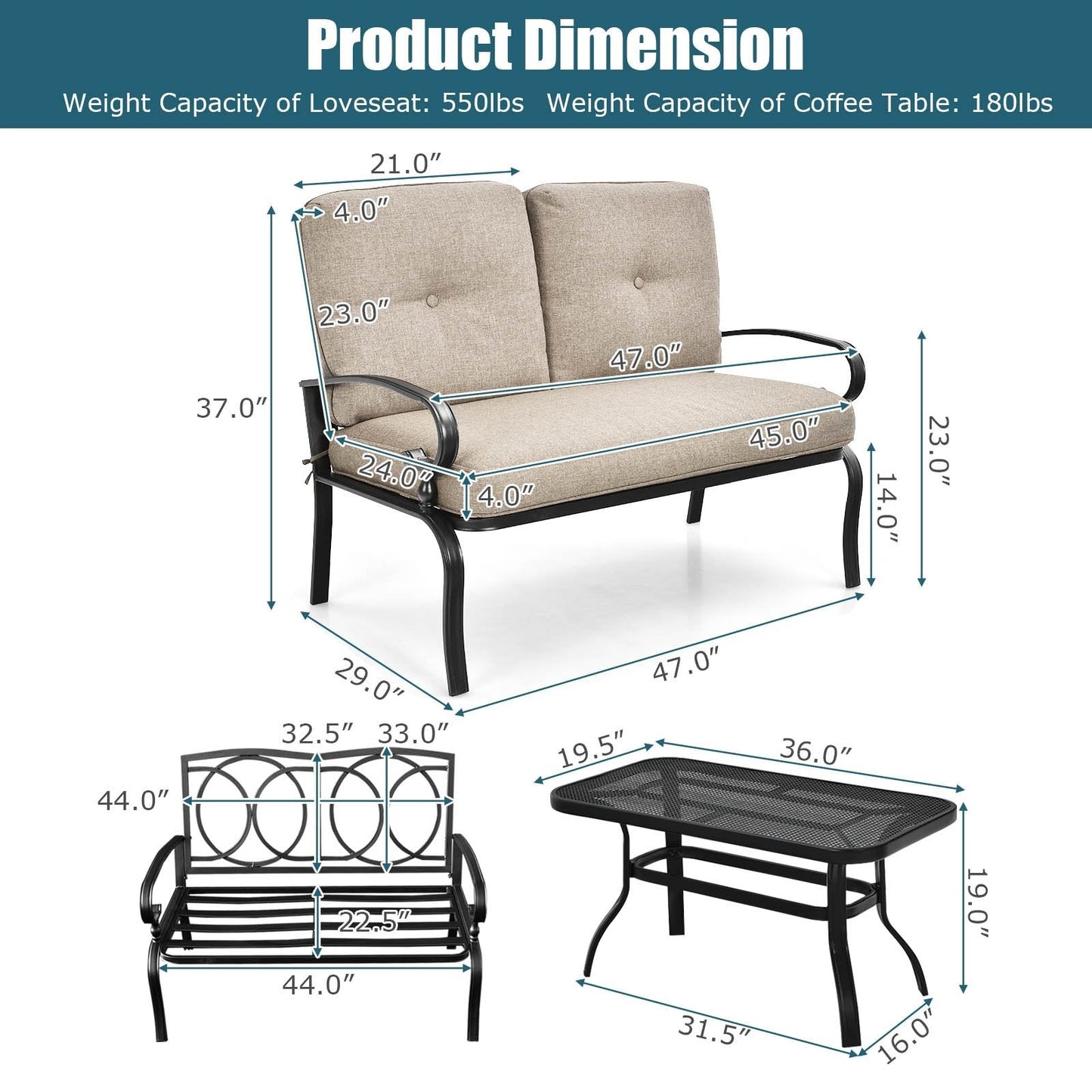 2 Pieces Patio Loveseat Bench Table Furniture Set with Cushioned Chair, Beige Patio Conversation Sets   at Gallery Canada