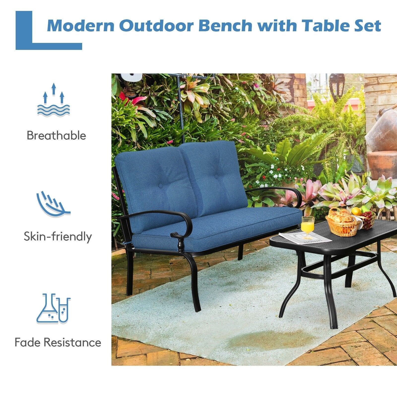 2 Pieces Patio Loveseat Bench Table Furniture Set with Cushioned Chair, Blue Patio Conversation Sets   at Gallery Canada