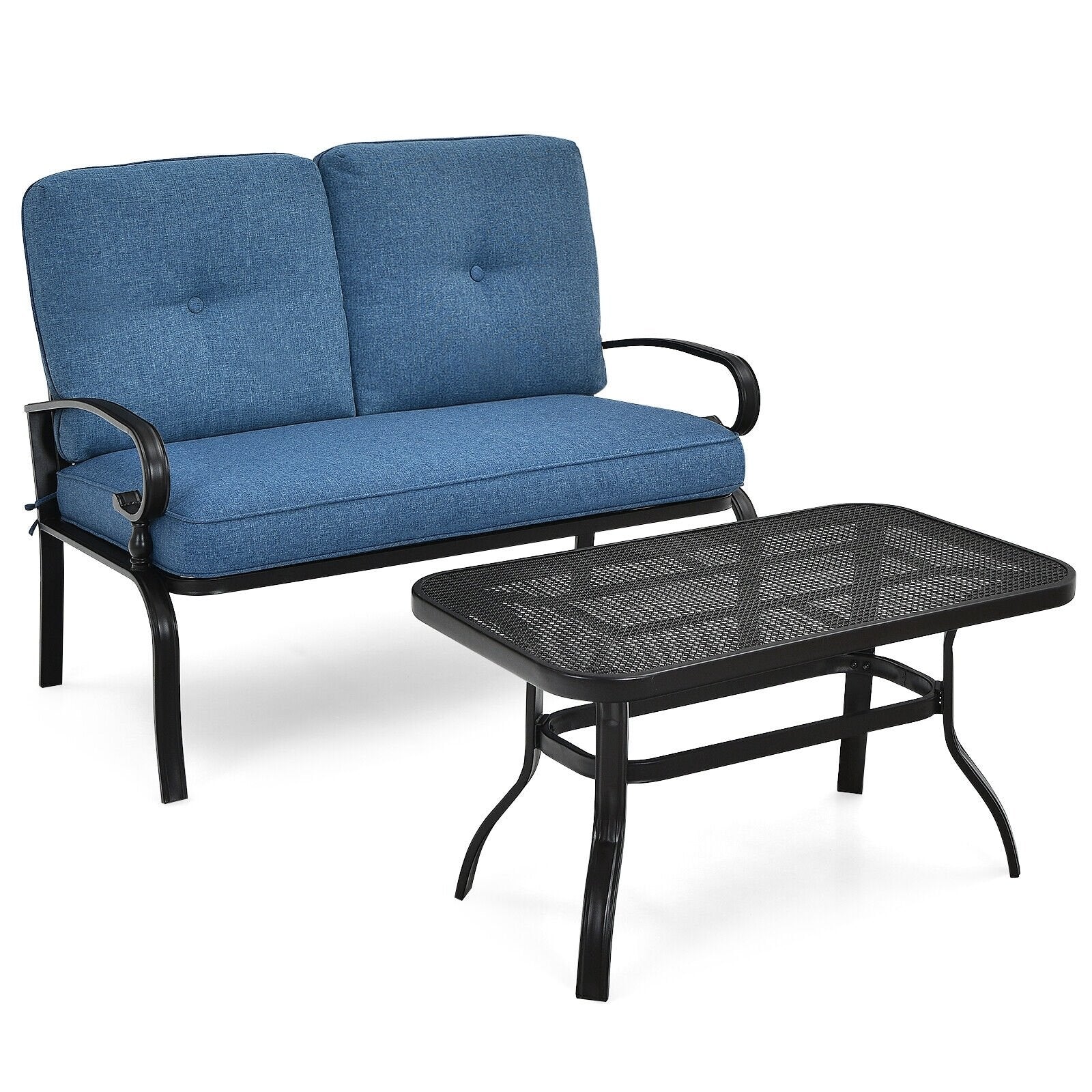 2 Pieces Patio Loveseat Bench Table Furniture Set with Cushioned Chair, Blue Patio Conversation Sets   at Gallery Canada