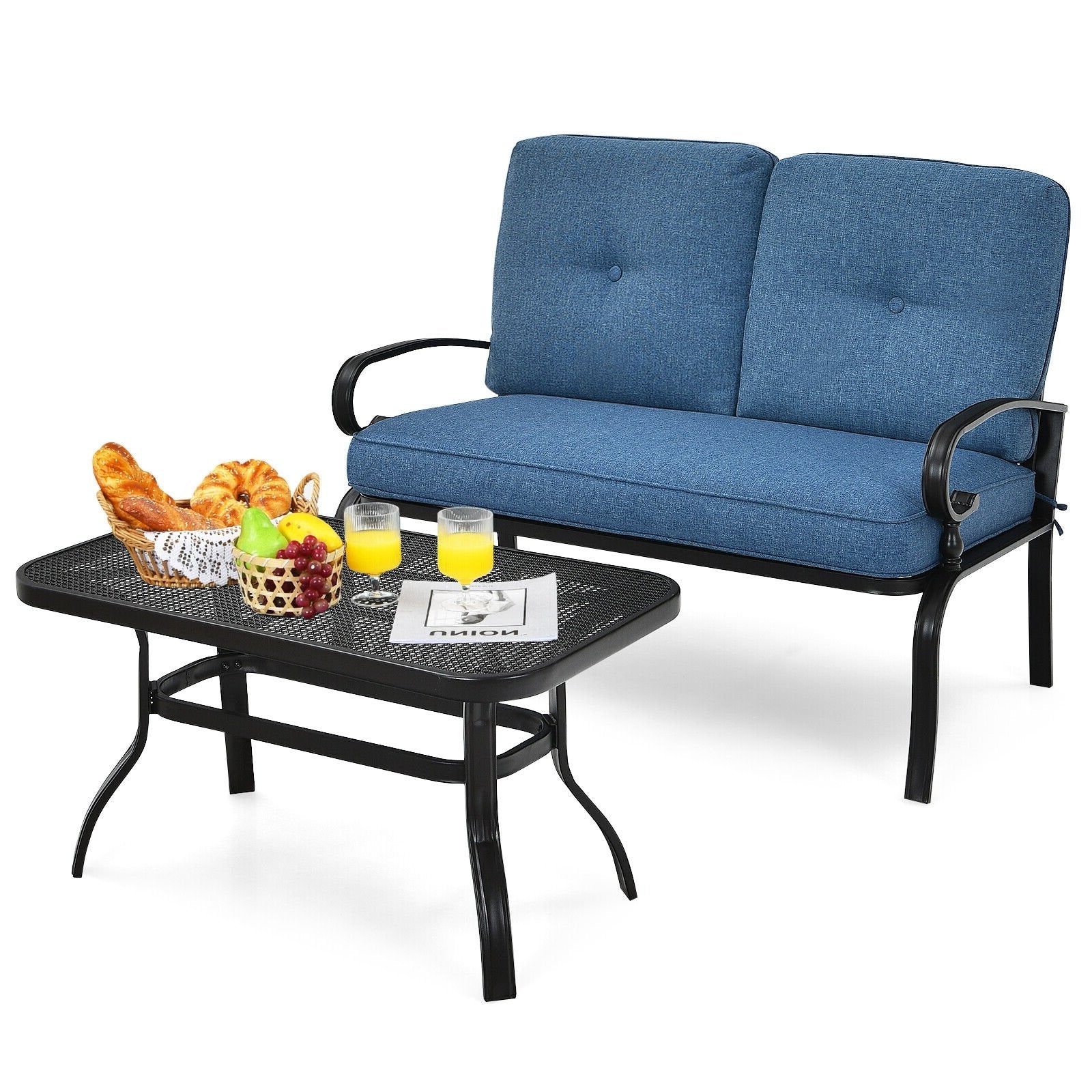 2 Pieces Patio Loveseat Bench Table Furniture Set with Cushioned Chair, Blue Patio Conversation Sets   at Gallery Canada