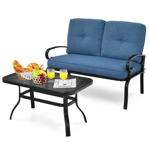 2 Pieces Patio Loveseat Bench Table Furniture Set with Cushioned Chair, Blue