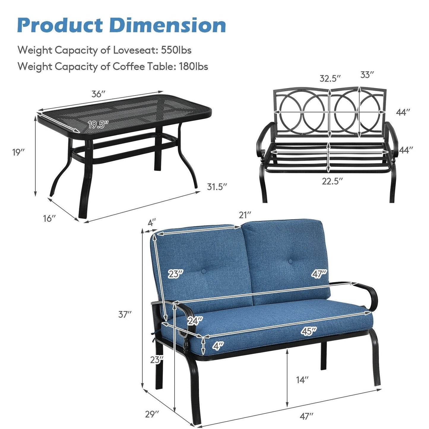 2 Pieces Patio Loveseat Bench Table Furniture Set with Cushioned Chair, Blue Patio Conversation Sets   at Gallery Canada