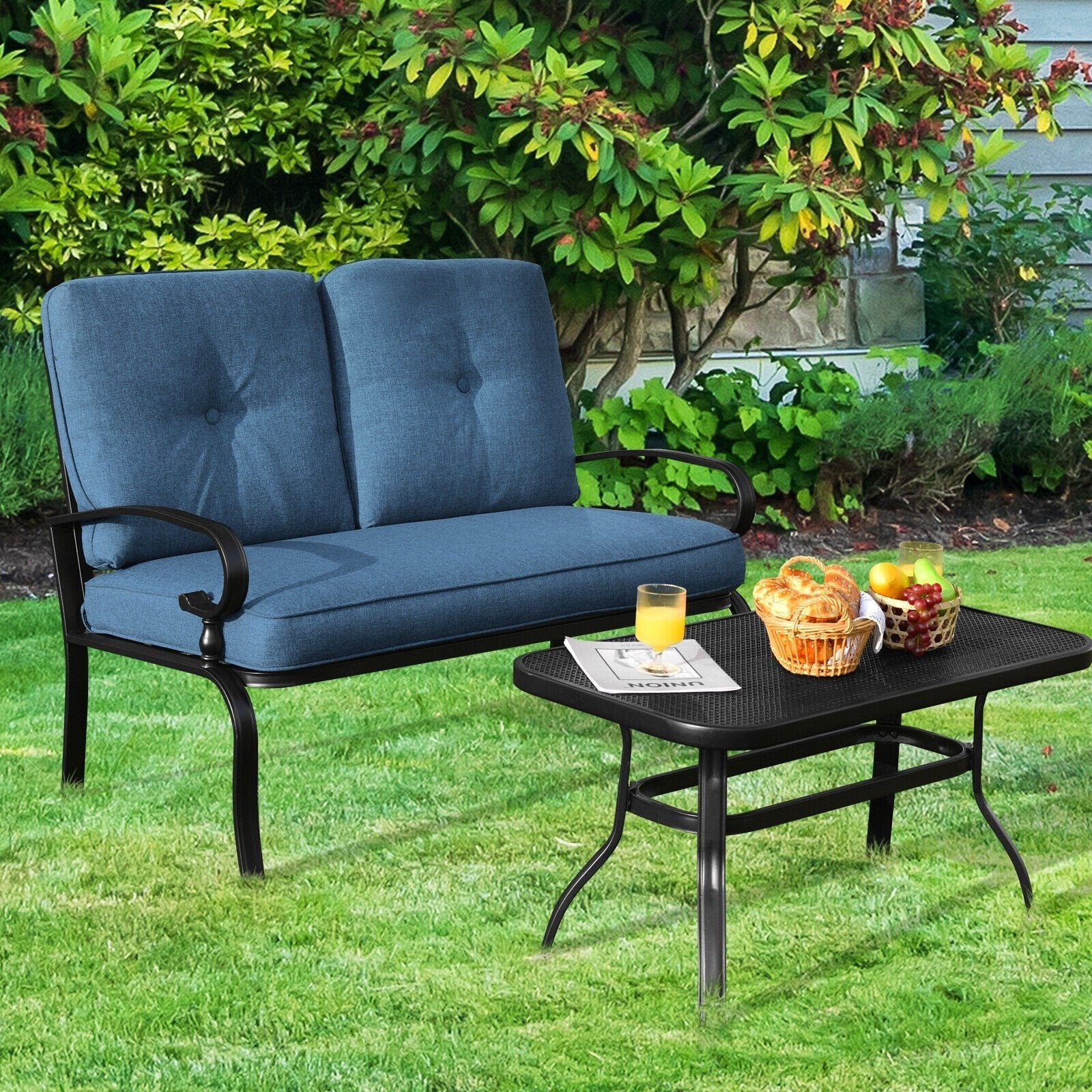 2 Pieces Patio Loveseat Bench Table Furniture Set with Cushioned Chair, Blue Patio Conversation Sets   at Gallery Canada