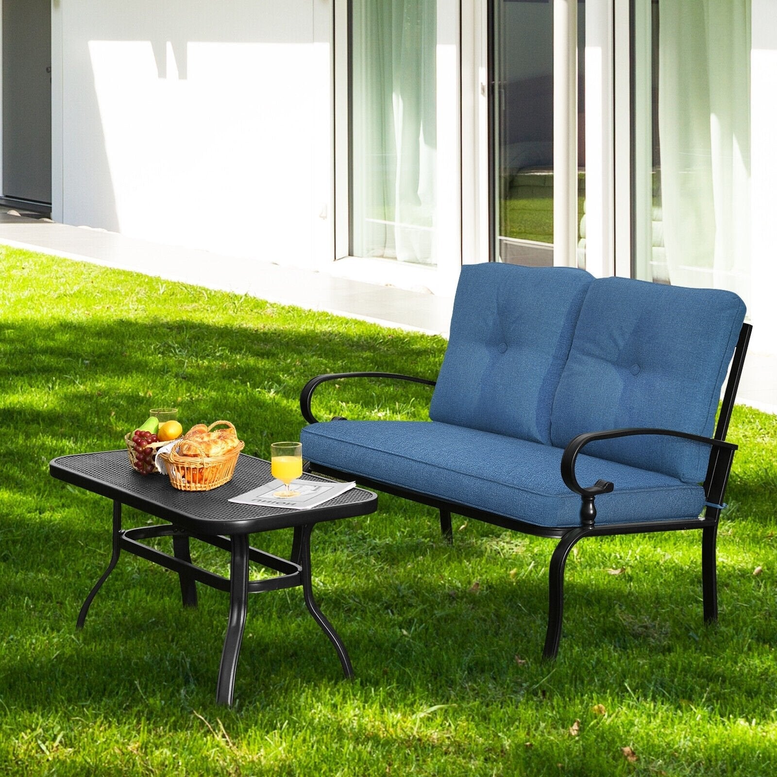 2 Pieces Patio Loveseat Bench Table Furniture Set with Cushioned Chair, Blue Patio Conversation Sets   at Gallery Canada