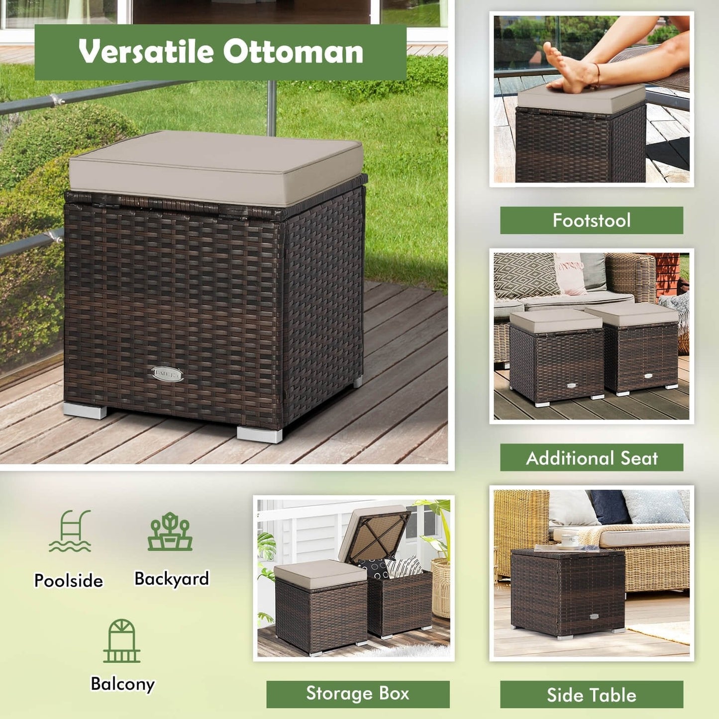 2 Pieces Patio Ottoman with Removable Cushions, Brown Outdoor Seating & Patio Chairs   at Gallery Canada