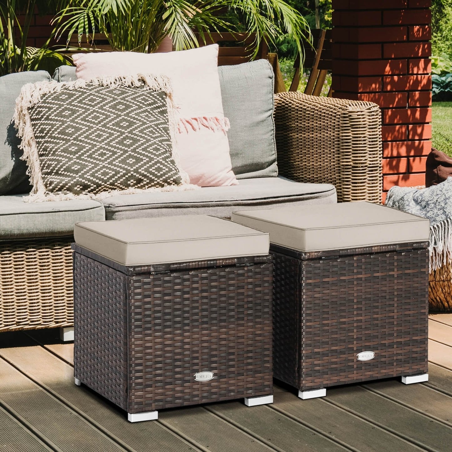 2 Pieces Patio Ottoman with Removable Cushions, Brown Outdoor Seating & Patio Chairs   at Gallery Canada