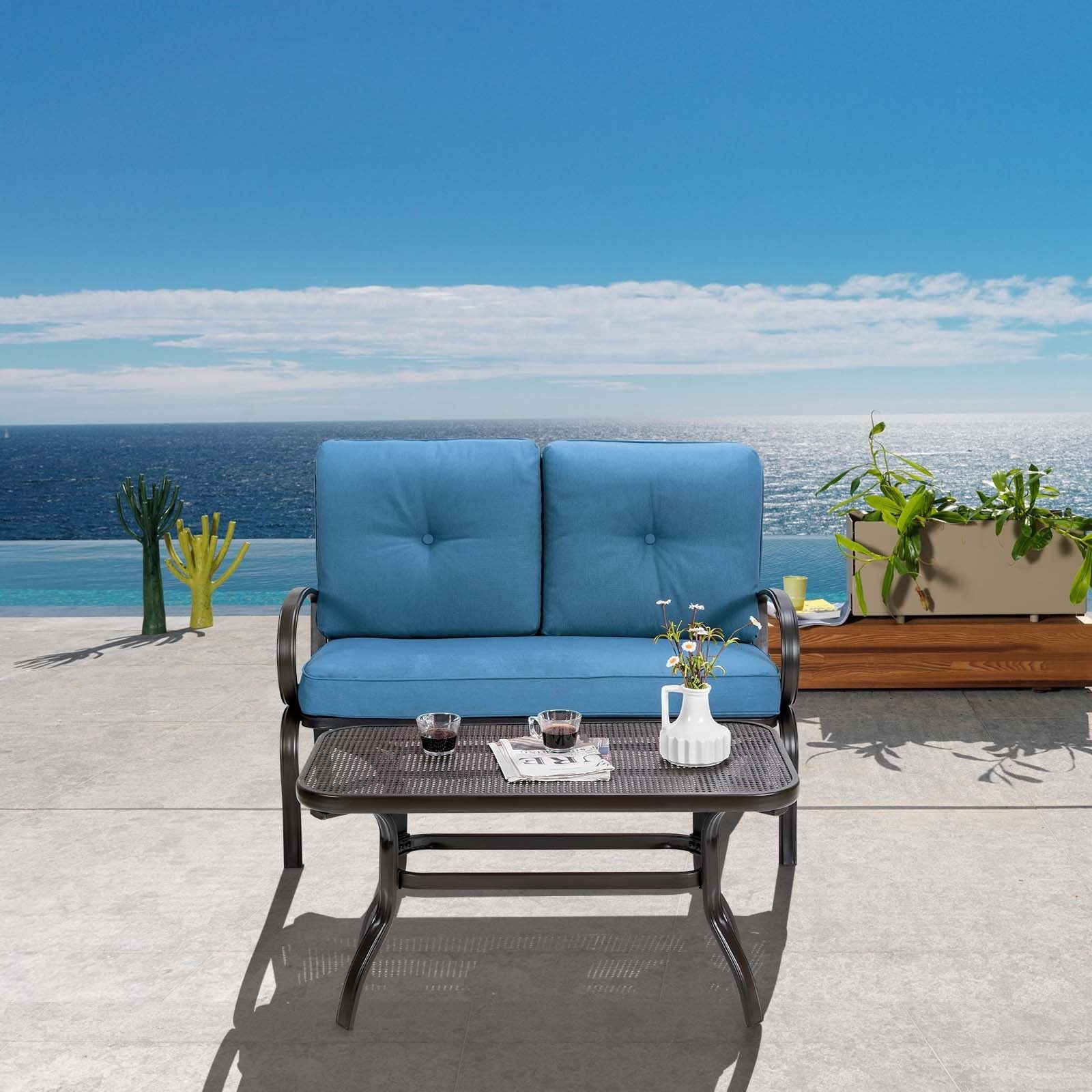 2 Pieces Patio Outdoor Cushioned Coffee Table Seat, Blue Patio Conversation Sets   at Gallery Canada