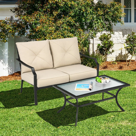2 Pieces Patio Outdoor Cushioned  Sofa Bench with Coffee Table, Beige Patio Conversation Sets   at Gallery Canada