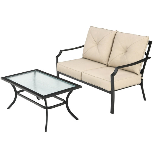2 Pieces Patio Outdoor Cushioned  Sofa Bench with Coffee Table, Beige Patio Conversation Sets   at Gallery Canada