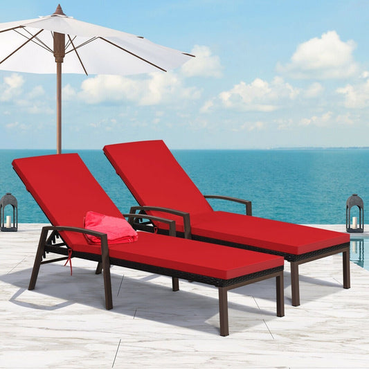 2 Pieces Patio Rattan Adjustable Back Lounge Chair with Armrest and Removable Cushions, Red Outdoor Chaise Lounges   at Gallery Canada