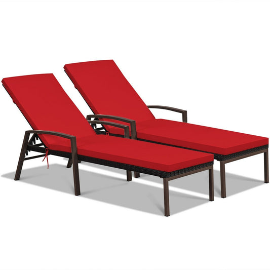 2 Pieces Patio Rattan Adjustable Back Lounge Chair with Armrest and Removable Cushions, Red Outdoor Chaise Lounges   at Gallery Canada