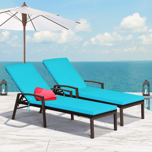 2 Pieces Patio Rattan Adjustable Back Lounge Chair with Armrest and Removable Cushions, Turquoise Outdoor Chaise Lounges   at Gallery Canada