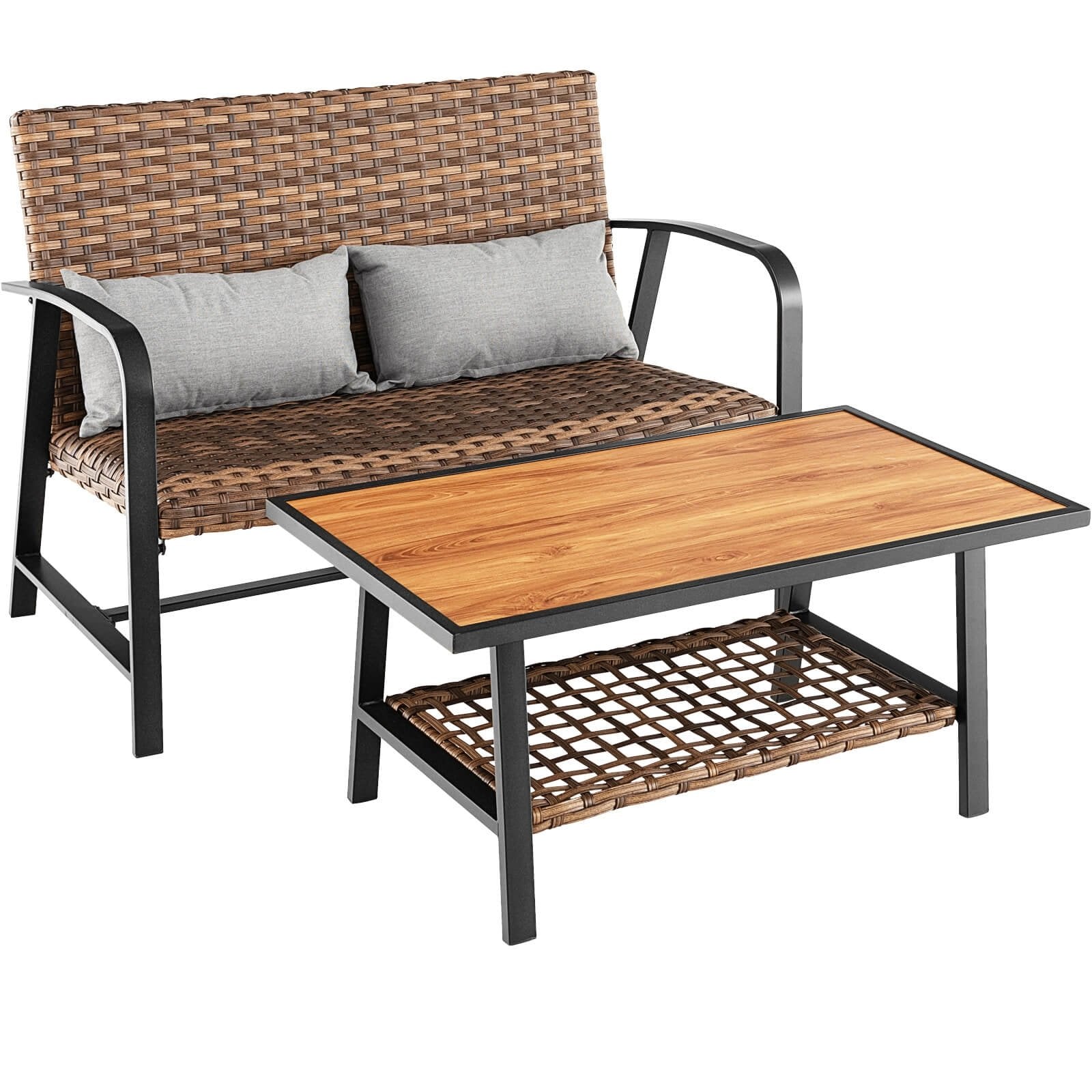 2 Pieces Patio Rattan Coffee Table Set with Shelf and Quick Dry Cushion, Brown Patio Coffee Tables   at Gallery Canada