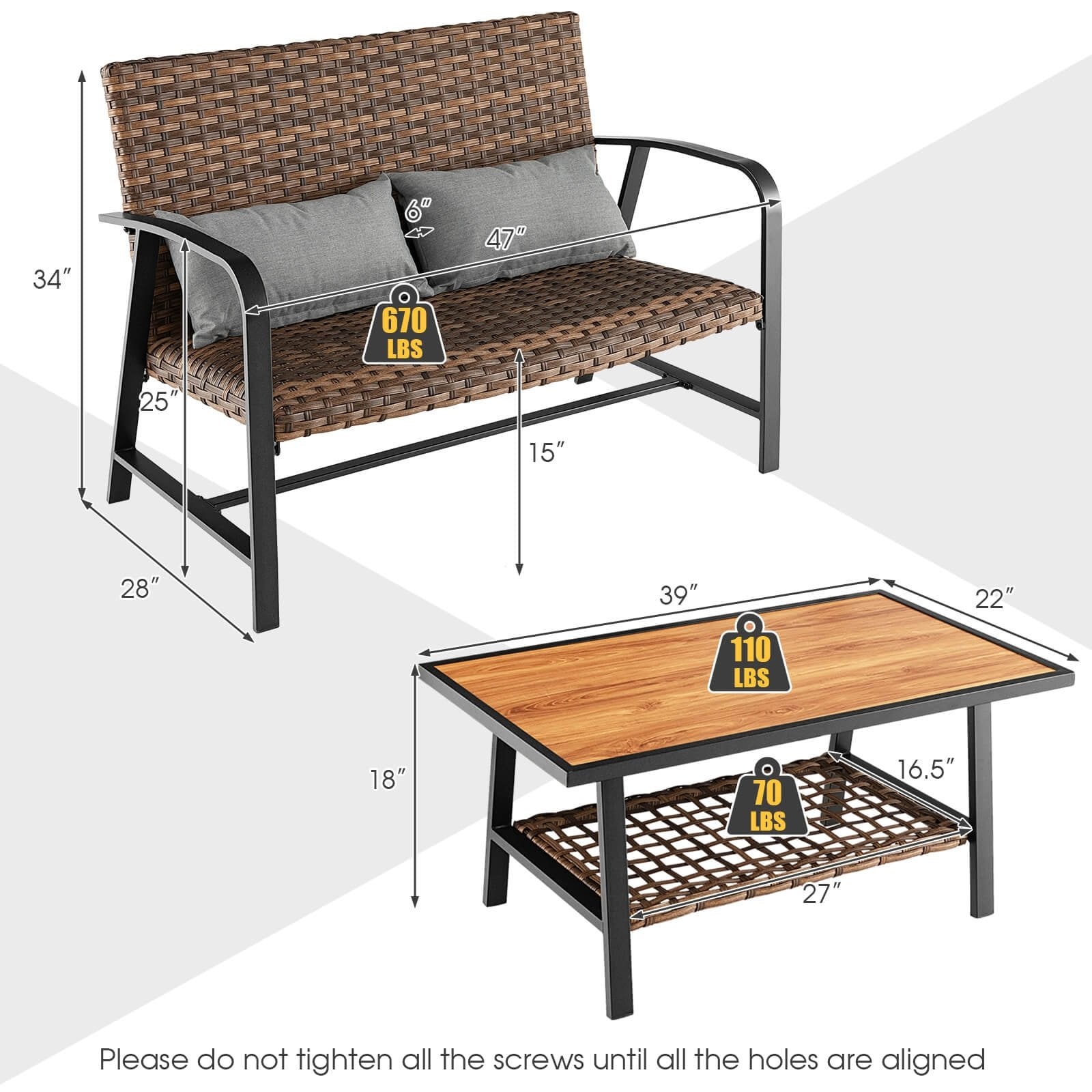 2 Pieces Patio Rattan Coffee Table Set with Shelf and Quick Dry Cushion, Brown Patio Coffee Tables   at Gallery Canada