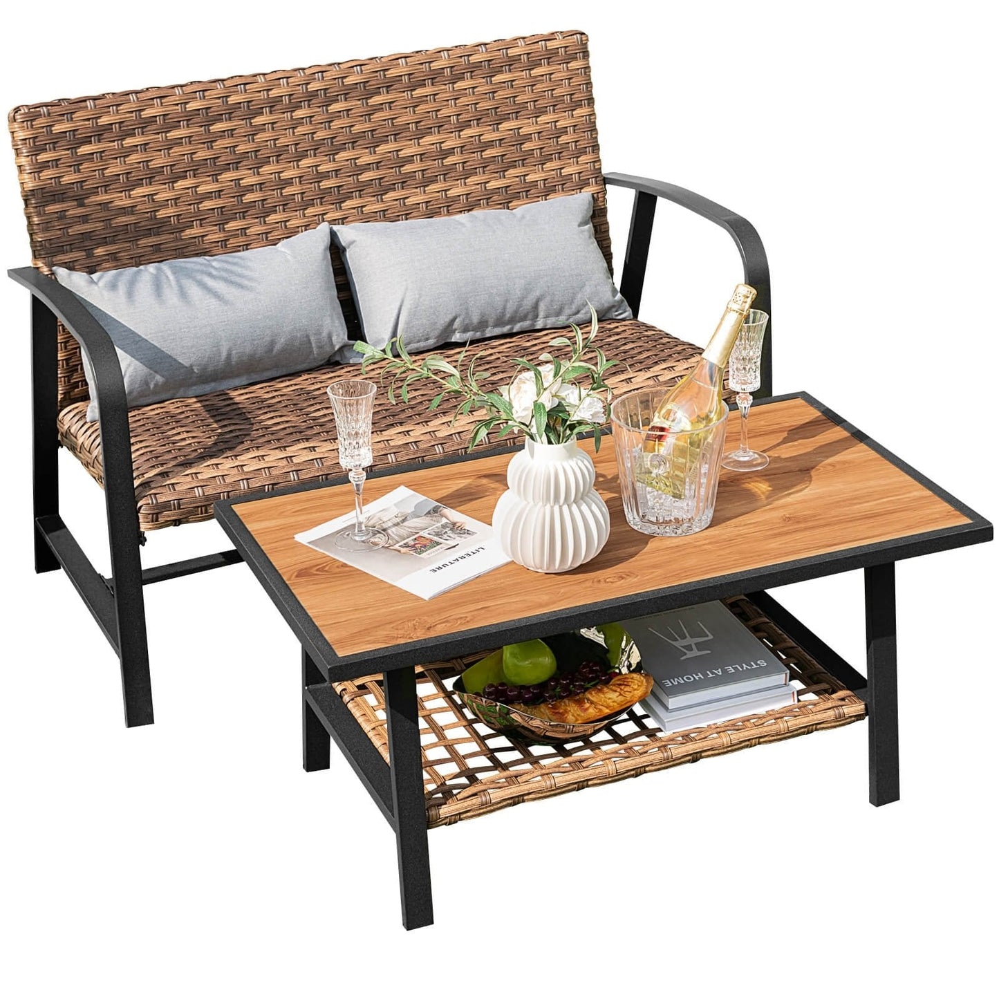 2 Pieces Patio Rattan Coffee Table Set with Shelf and Quick Dry Cushion, Brown Patio Coffee Tables   at Gallery Canada