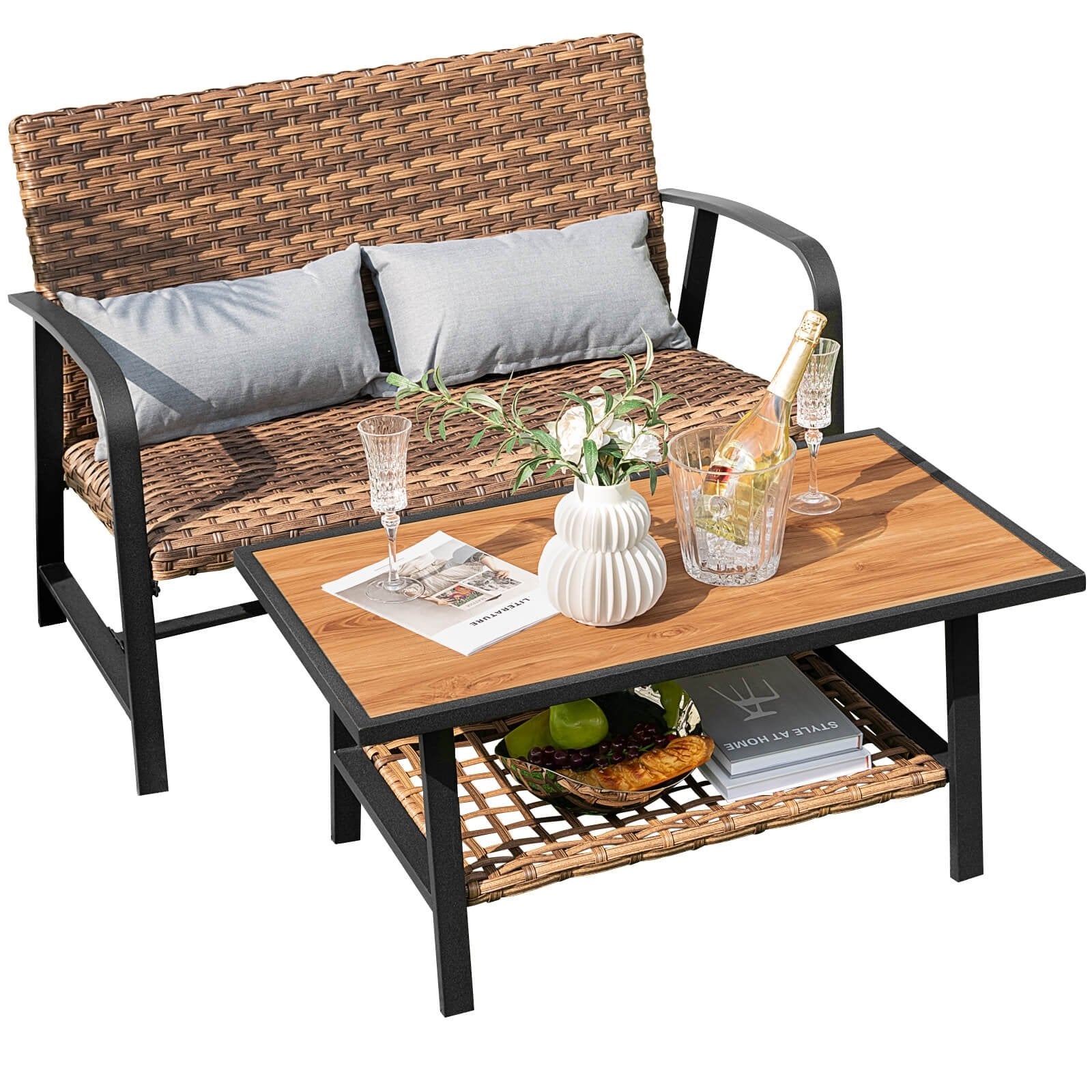 2 Pieces Patio Rattan Coffee Table Set with Shelf and Quick Dry Cushion, Brown Patio Coffee Tables   at Gallery Canada