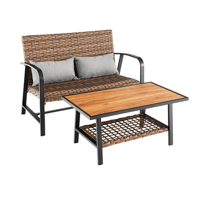 2 Pieces Patio Rattan Coffee Table Set with Shelf and Quick Dry Cushion, Brown Patio Coffee Tables   at Gallery Canada