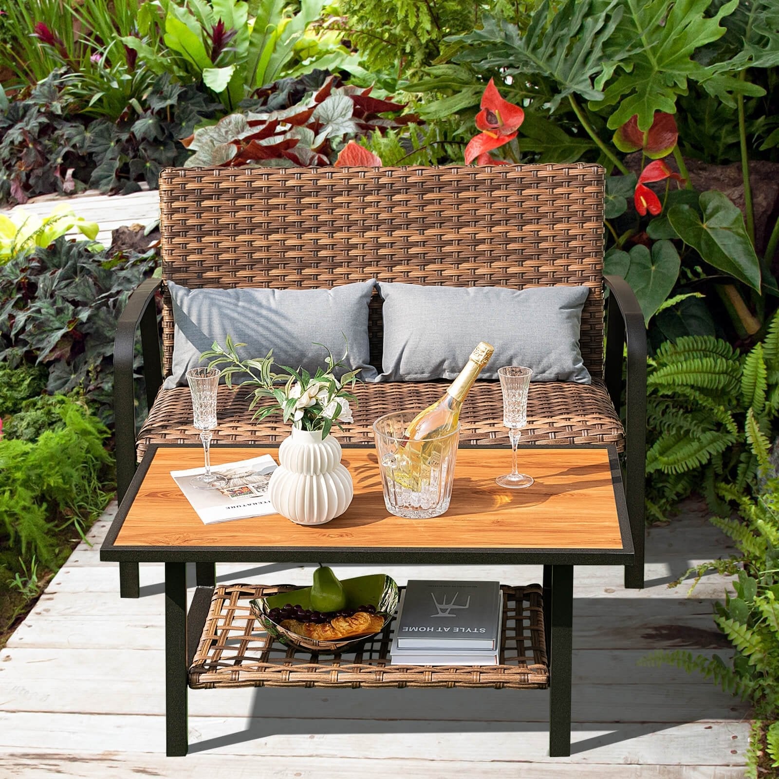 2 Pieces Patio Rattan Coffee Table Set with Shelf and Quick Dry Cushion, Brown Patio Coffee Tables   at Gallery Canada