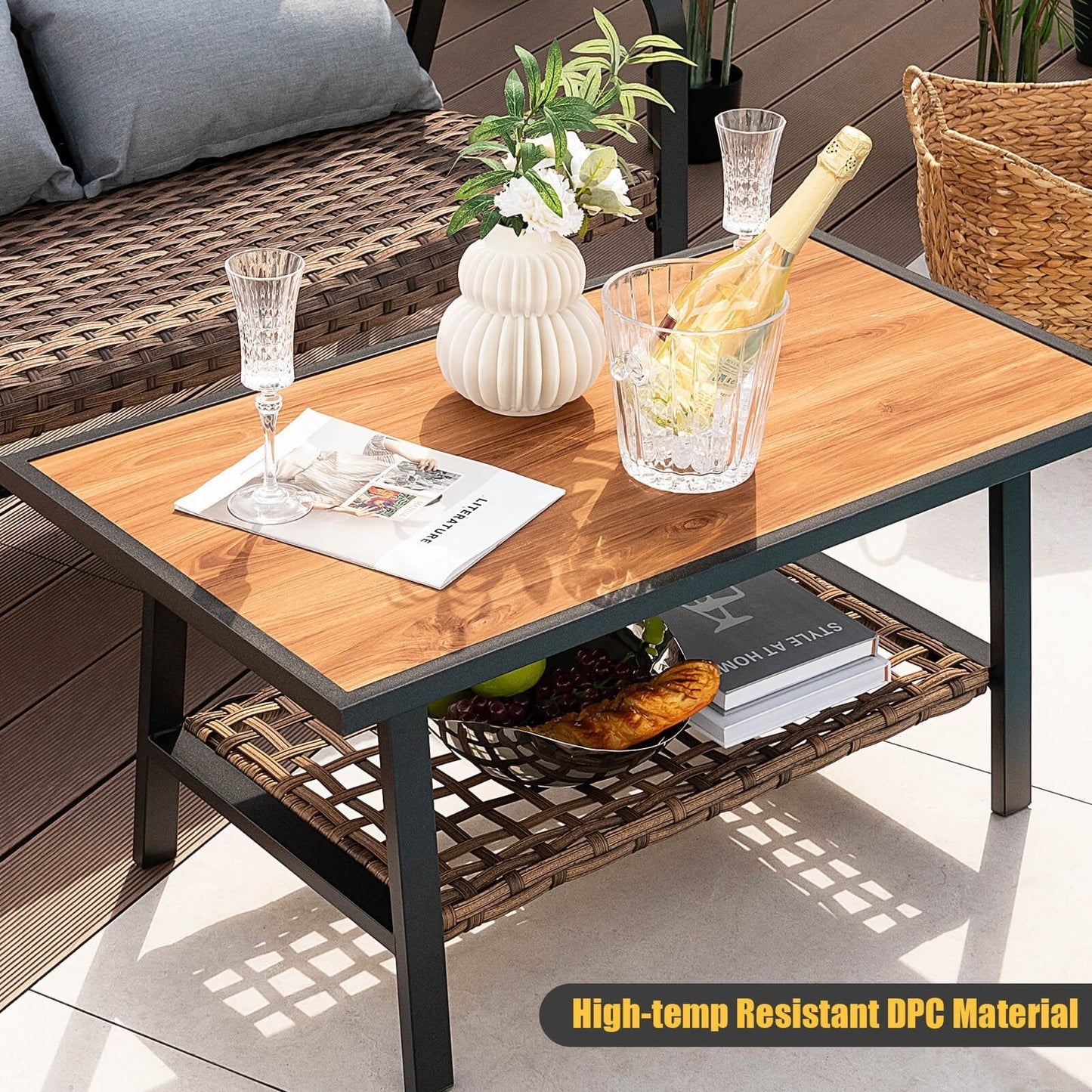 2 Pieces Patio Rattan Coffee Table Set with Shelf and Quick Dry Cushion, Brown Patio Coffee Tables   at Gallery Canada