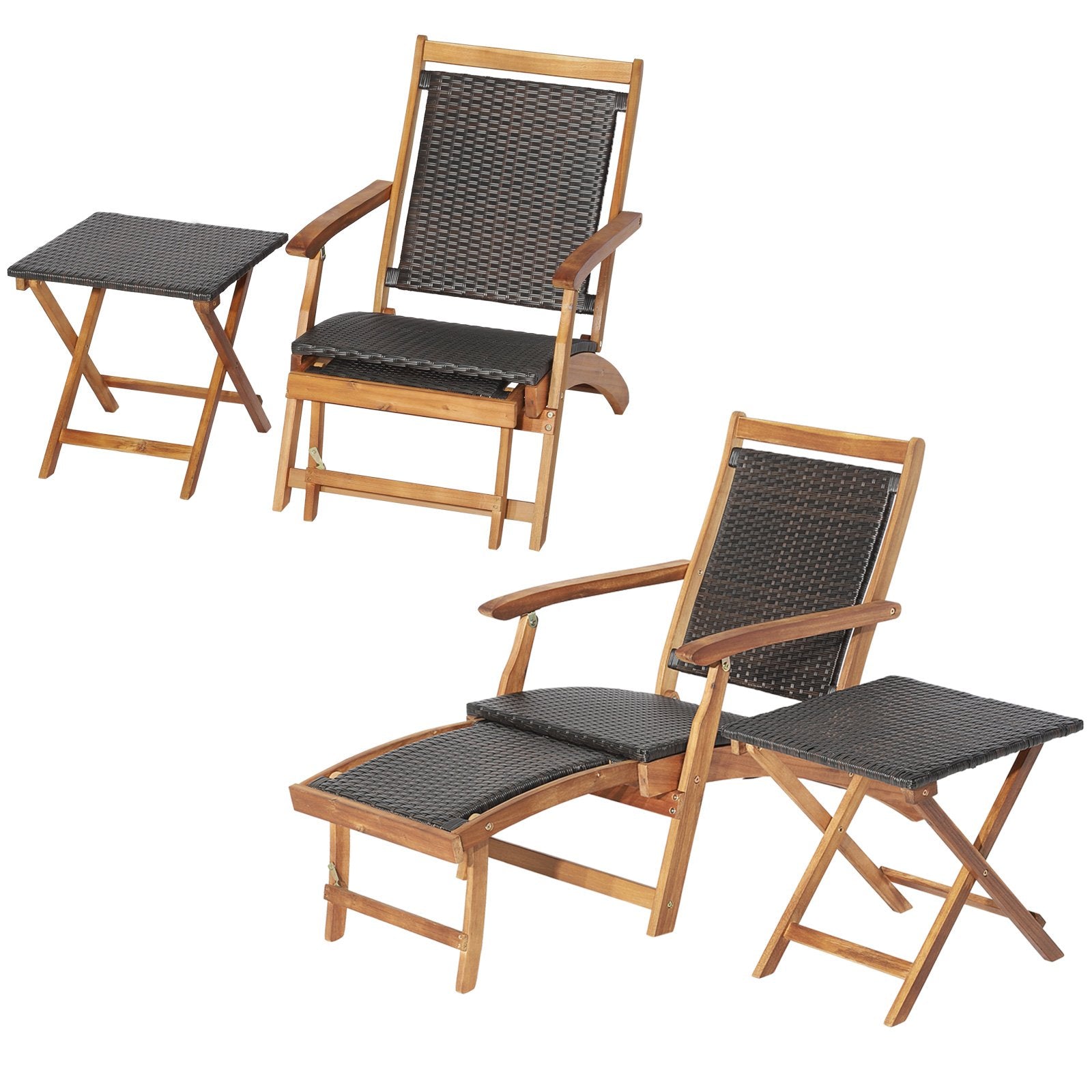 2 Pieces Patio Rattan Folding Lounge Chair with Acacia Wood Table, Brown Outdoor Chaise Lounges   at Gallery Canada