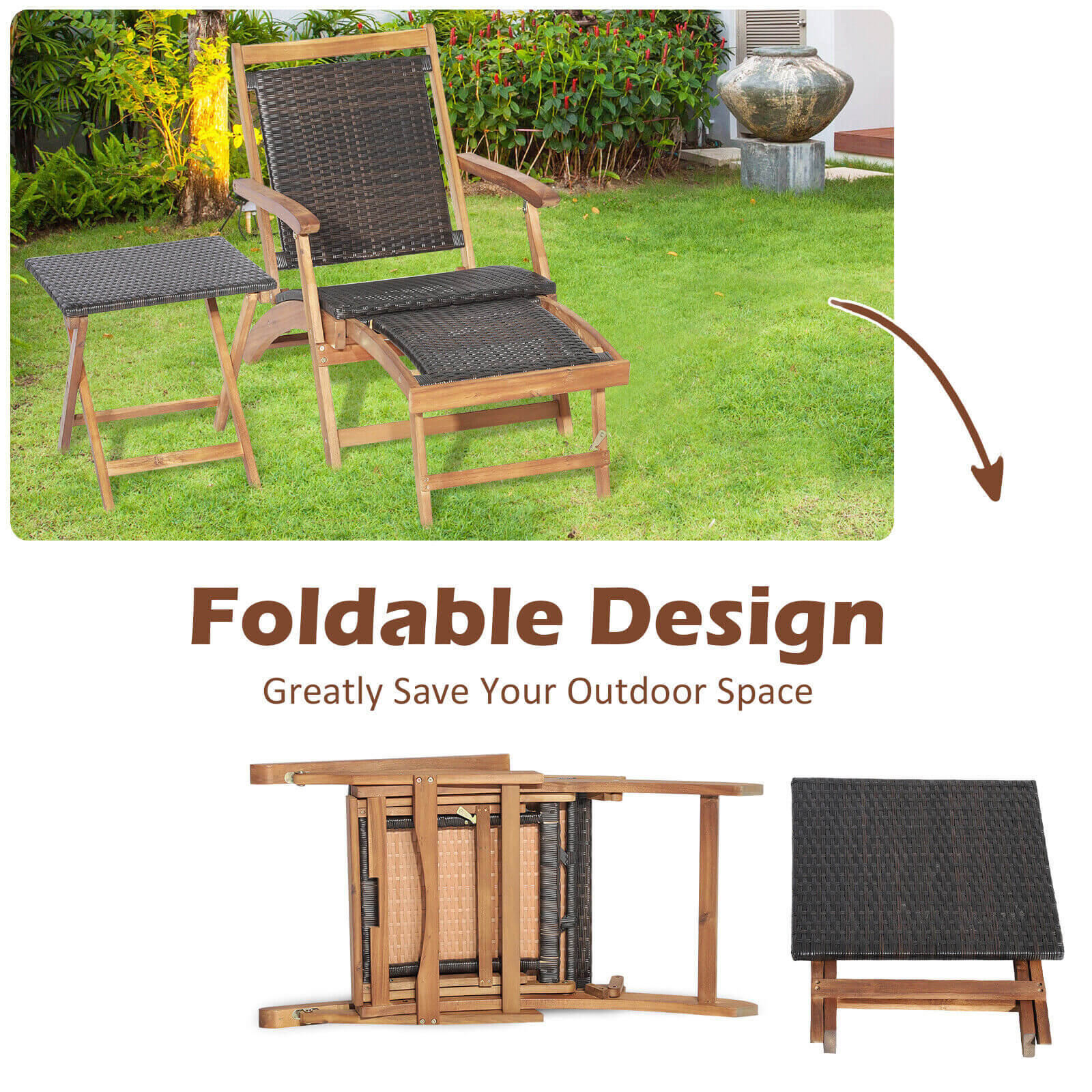 2 Pieces Patio Rattan Folding Lounge Chair with Acacia Wood Table, Brown Outdoor Chaise Lounges   at Gallery Canada