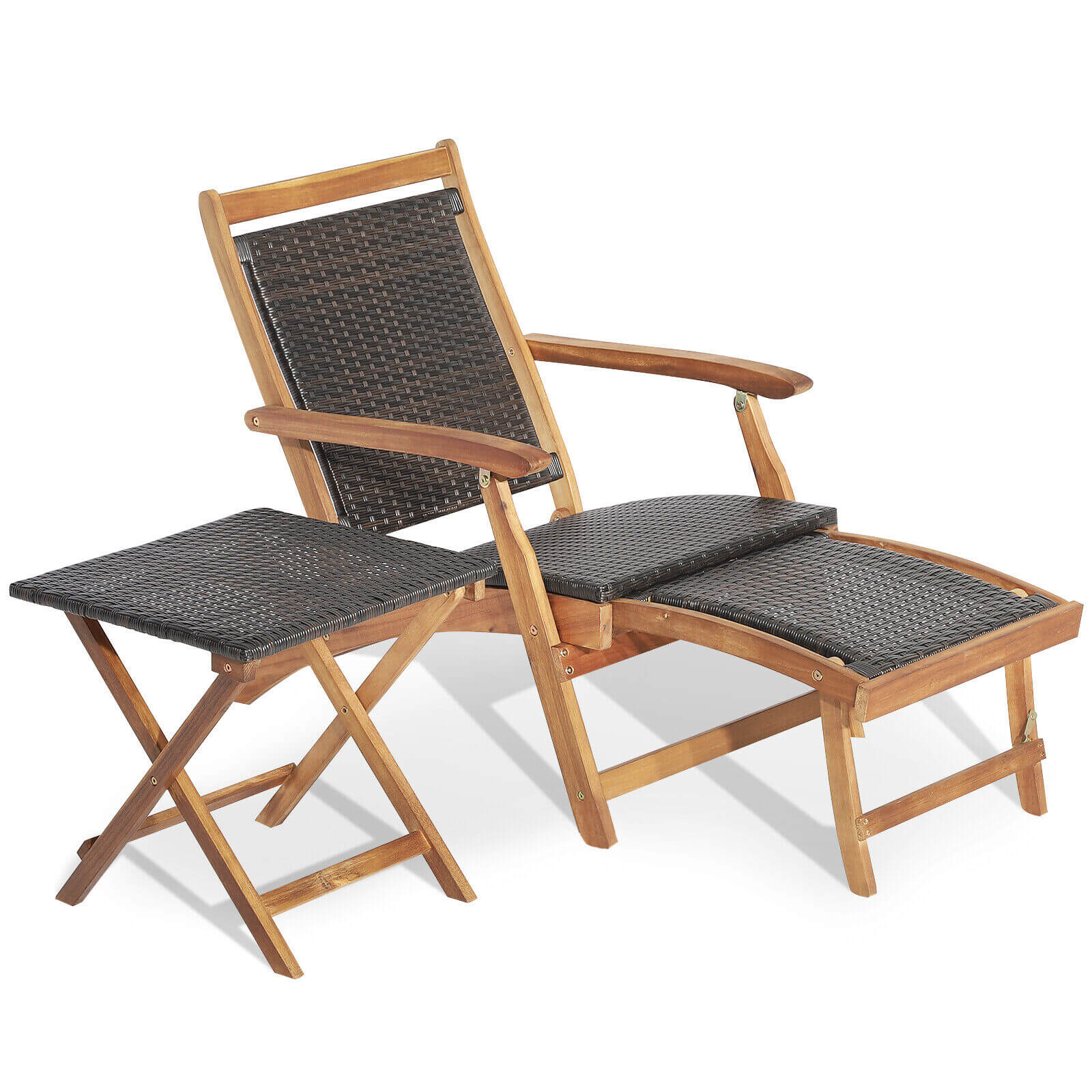 2 Pieces Patio Rattan Folding Lounge Chair with Acacia Wood Table, Brown Outdoor Chaise Lounges   at Gallery Canada