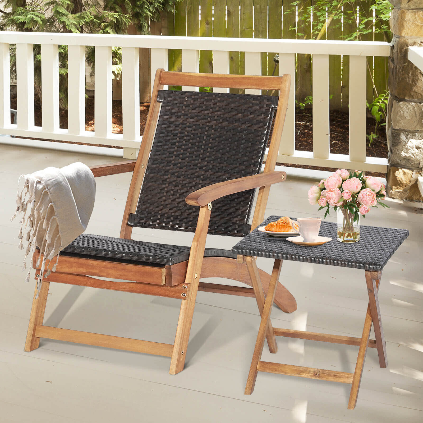 2 Pieces Patio Rattan Folding Lounge Chair with Acacia Wood Table, Brown Outdoor Chaise Lounges   at Gallery Canada