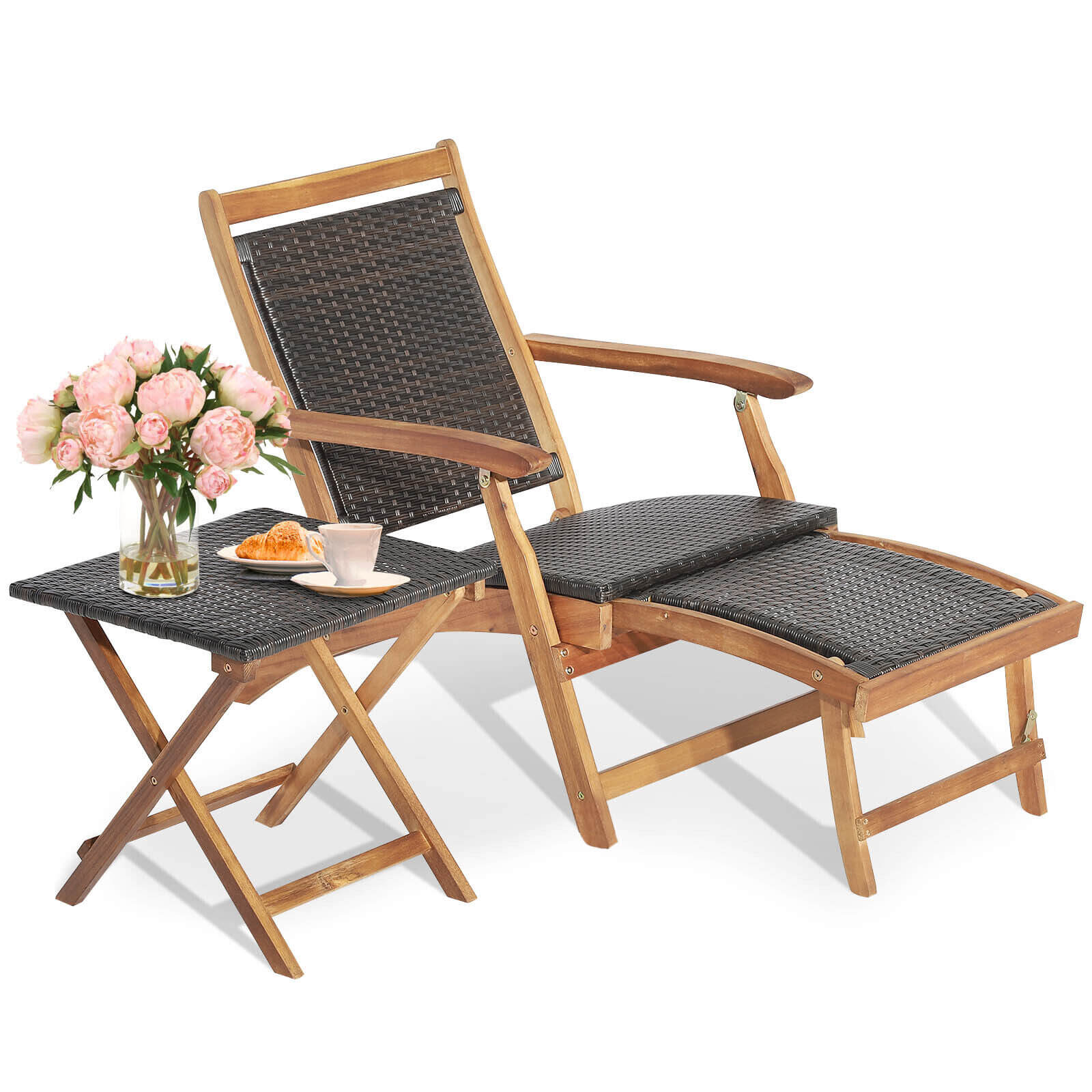 2 Pieces Patio Rattan Folding Lounge Chair with Acacia Wood Table, Brown Outdoor Chaise Lounges   at Gallery Canada