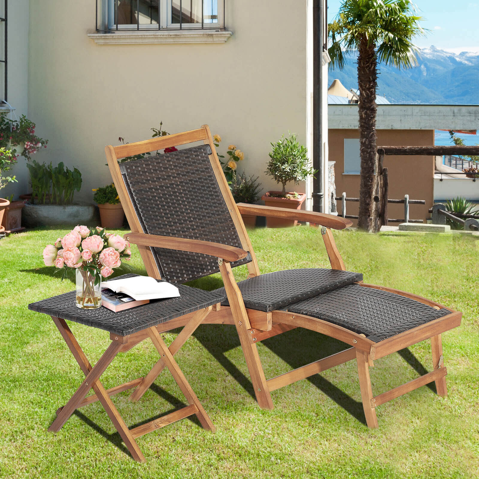 2 Pieces Patio Rattan Folding Lounge Chair with Acacia Wood Table, Brown Outdoor Chaise Lounges   at Gallery Canada