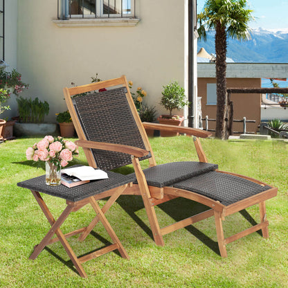 2 Pieces Patio Rattan Folding Lounge Chair with Acacia Wood Table, Brown Outdoor Chaise Lounges   at Gallery Canada