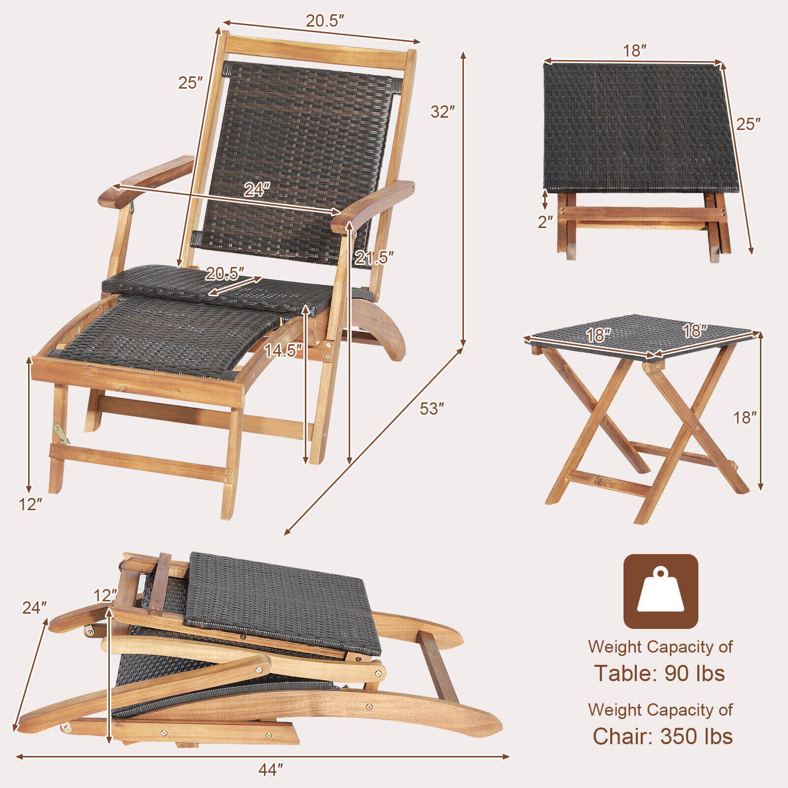 2 Pieces Patio Rattan Folding Lounge Chair with Acacia Wood Table, Brown Outdoor Chaise Lounges   at Gallery Canada