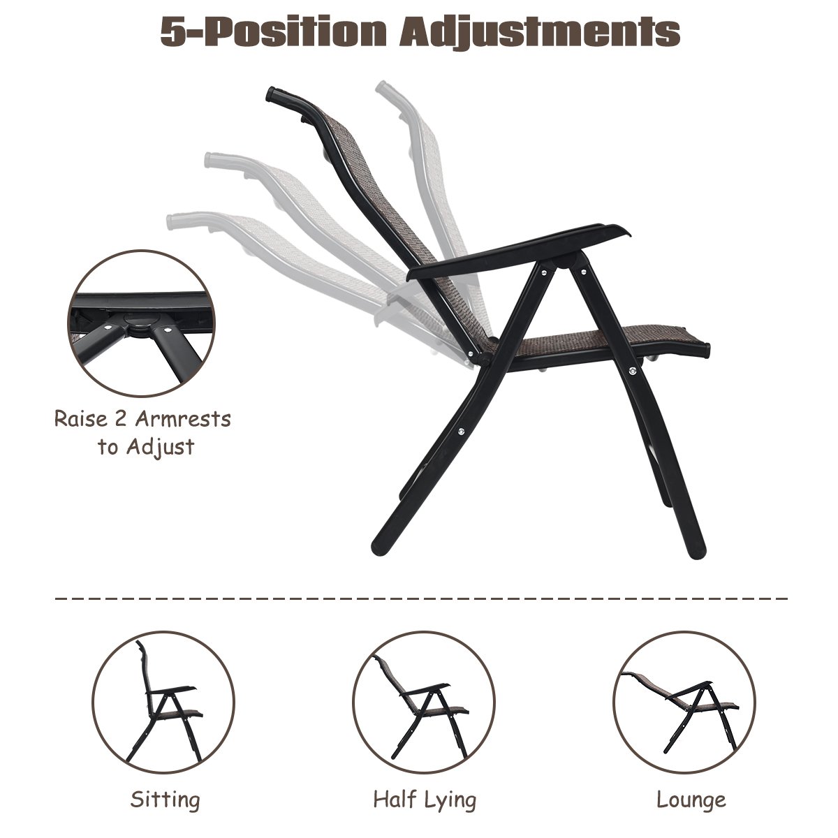 2 Pieces Patio Rattan Folding Reclining Chair, Brown Patio Dining Chairs   at Gallery Canada