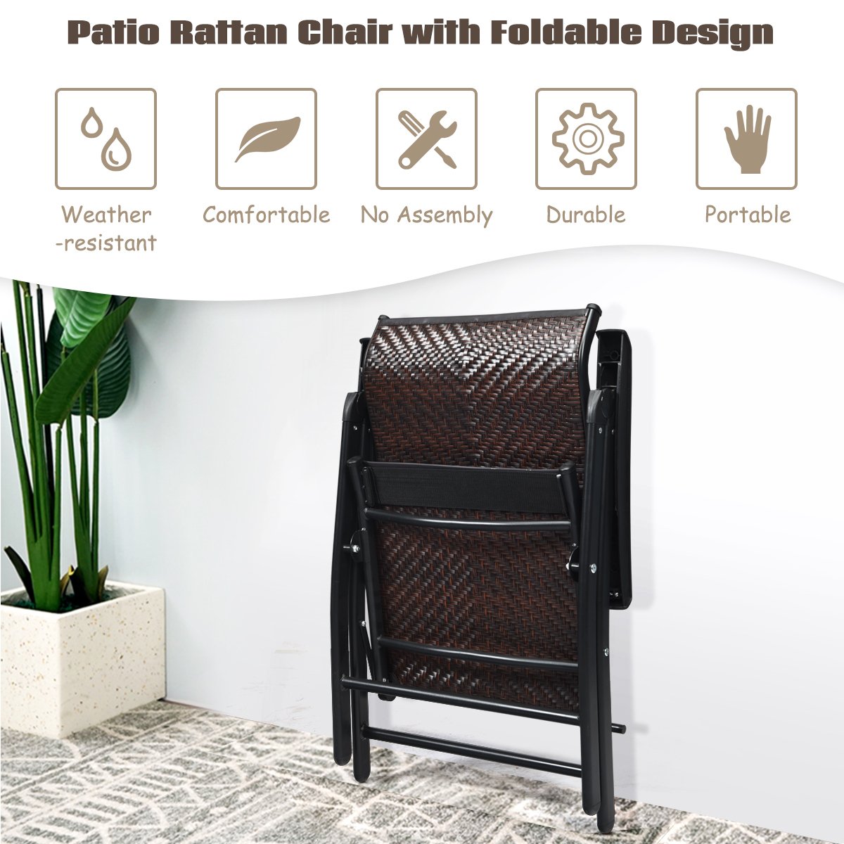 2 Pieces Patio Rattan Folding Reclining Chair, Brown Patio Dining Chairs   at Gallery Canada