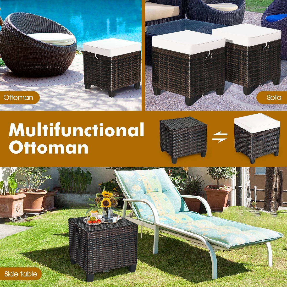 2 Pieces Patio Rattan Ottoman Cushioned Seat, Beige Outdoor Seating & Patio Chairs   at Gallery Canada