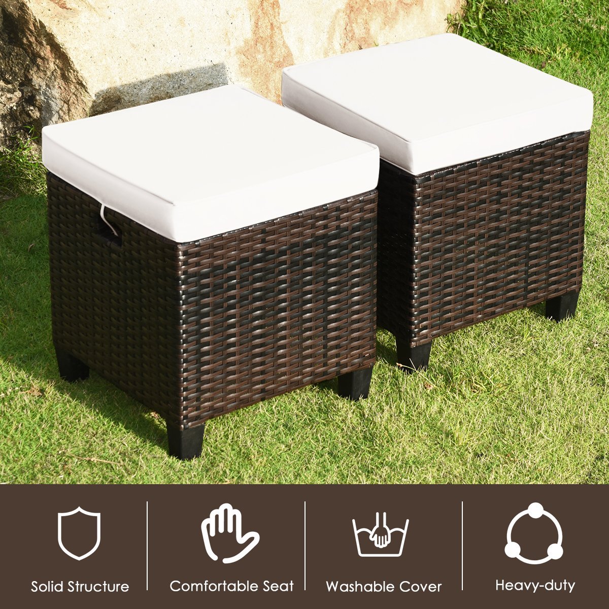 2 Pieces Patio Rattan Ottoman Cushioned Seat, Beige Outdoor Seating & Patio Chairs   at Gallery Canada