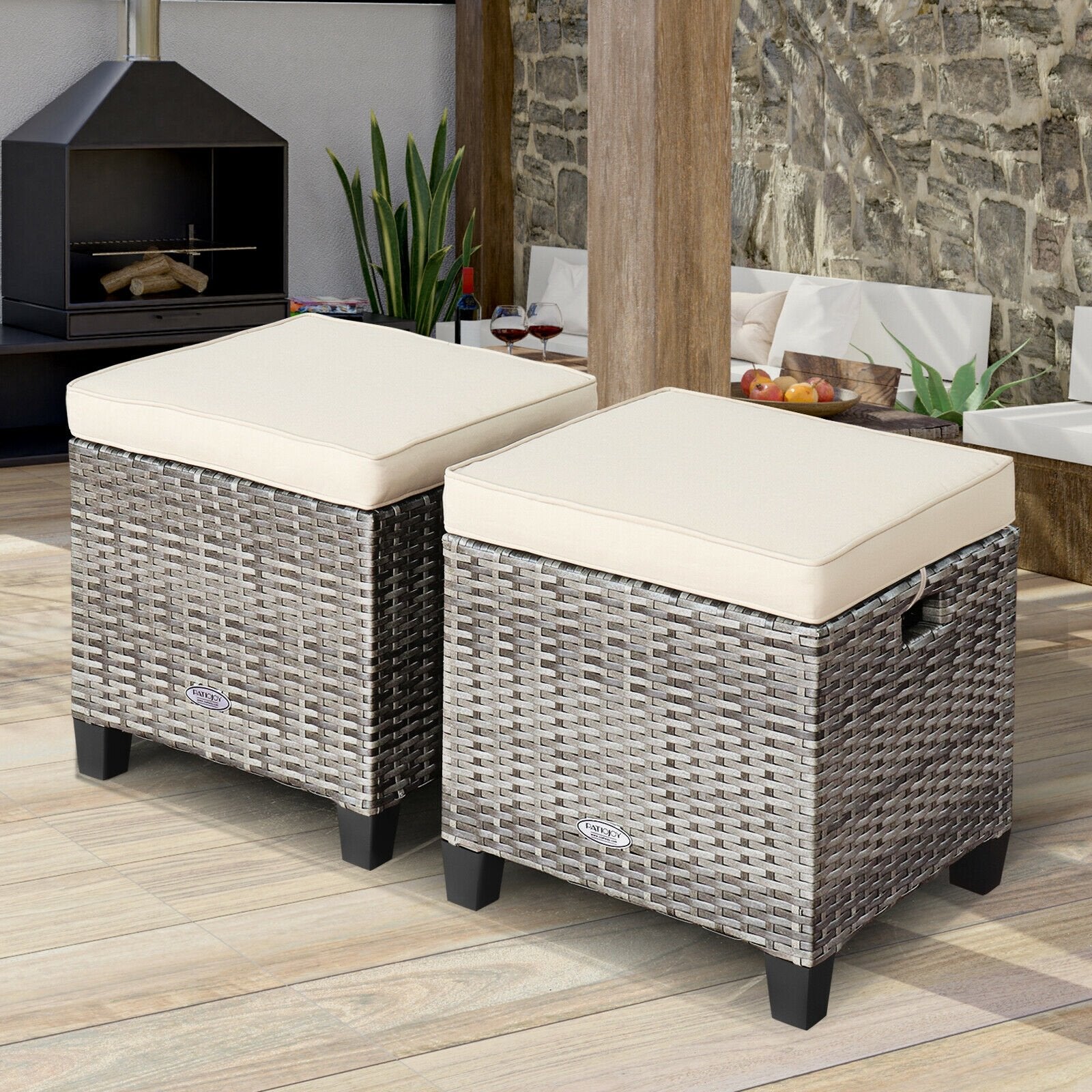 2 Pieces Patio Rattan Ottoman Seat with Removable Cushions, Beige Outdoor Seating & Patio Chairs   at Gallery Canada