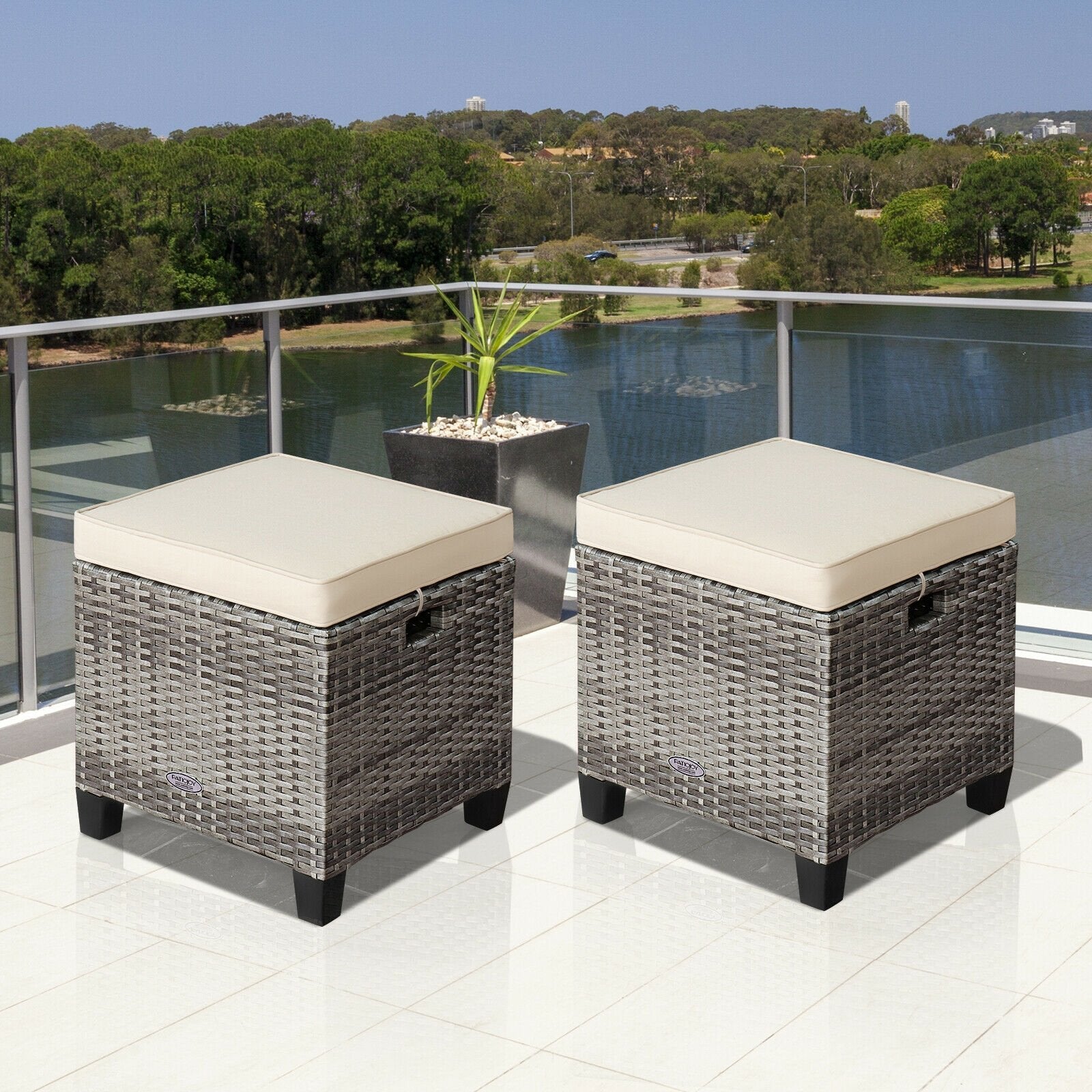 2 Pieces Patio Rattan Ottoman Seat with Removable Cushions, Beige Outdoor Seating & Patio Chairs   at Gallery Canada